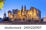 Panorama of Palace of the Popes and Avignon Cathedral during evening blue hour, Avignon, France