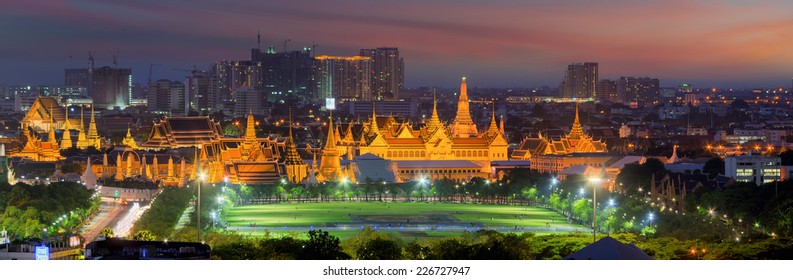 Panorama Palace of Thailand at twilight in Bangkok, Bird eye view.