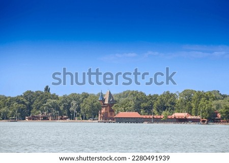 Panorama of Palic Lake, or Palicko Jezero, in Palic, Serbia, with the Velika Terasa, or Grand Terrace main building and the Zenski strand, or Women's lido. it is one of the main attractions of Vojvodi Foto stock © 