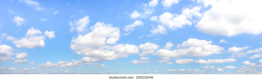 Panorama Or Panoramic Photo Of Blue Sky And White Clouds Or Cloudscape.