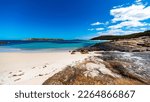 panorama of paradise beach in cape le grand national park in western australia, unique beach with white sand and turquoise water surrounded by mighty hills	