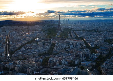 Panorama of Paris at sunset. Eiffel tower view from montparnasse building in Paris - France