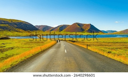 Panorama with a paved road, Ring road, through rough and colorful Icelandic landscape, Iceland, summer, suny blue sky
