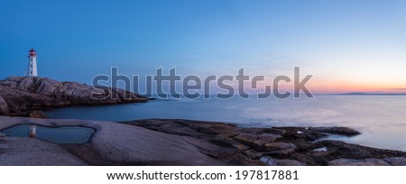 Panorama of Peggys Cove's Lighthouse after Sunset (Nova Scotia, Canada)