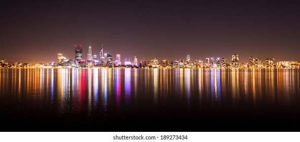 Panorama Of Perth City Skyline At Night