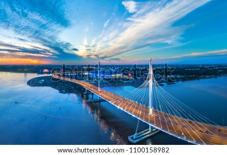 Panorama of Petersburg. Highway. Bridges of Petersburg. Aerial view of St. Petersburg. Panorama of Russian cities. Krestovsky Island.