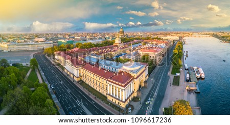 Panorama of Petersburg. Streets of St. Petersburg from the heights. Palace Embankment in St. Petersburg, Russia, Panorama of Russian Cities. Neva River.