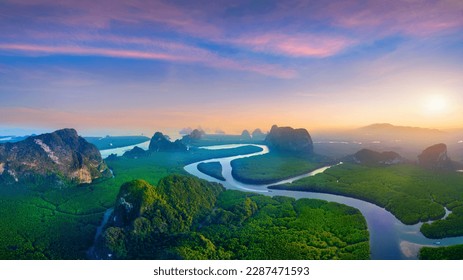 Panorama of Phang Nga bay with mountains at sunset in Thailand. - Powered by Shutterstock