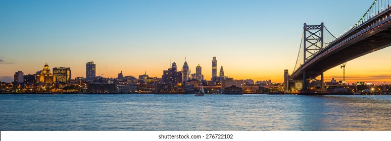 Panorama of Philadelphia skyline, Ben Franklin Bridge and Penn's Landing sunset