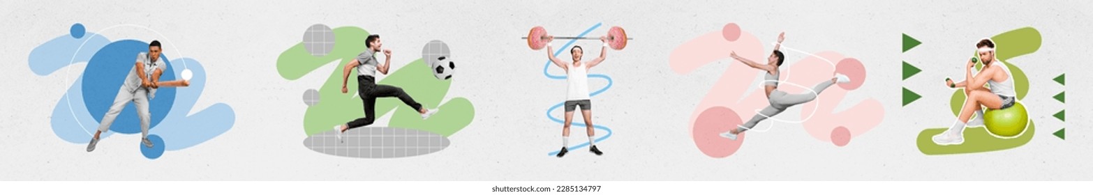 Panorama photo collage cadre of young sportive people fit gym concept muscle biceps strong play baseball football isolated on grey background