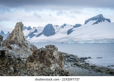 Panorama photo - rough nature, ice glaciers and rock formations at Half Moon Island in the South Shetland Islands off Antarctica	 - Shutterstock ID 2192097737