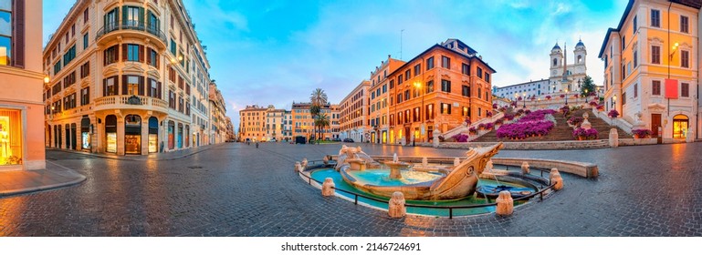 Panorama Of Piazza De Spagna In Rome, Italy. Spanish Steps In The Morning. Rome Architecture And Landmark.