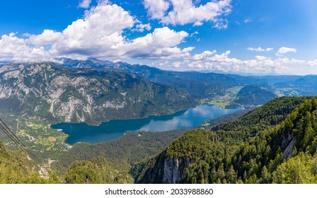 A panorama picture of Lake Bohinj as seen from the Vogel ski resort.