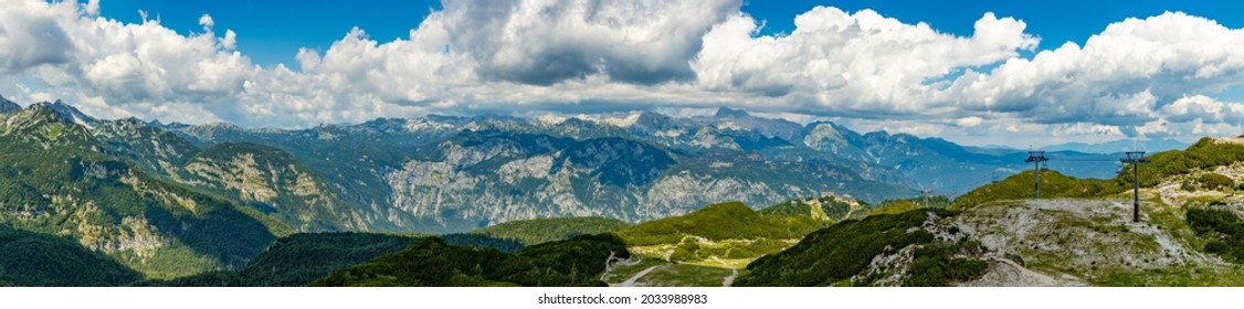A panorama picture of the landscape of the Triglav National Park as seen from the Vogel ski resort.
