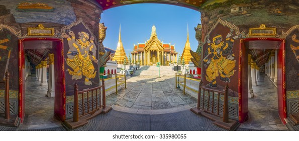 Panorama picture of Wat Phra Kaew, Temple of the Emerald Buddha with blue sky