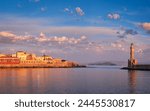 Panorama of picturesque old port of Chania is one of landmarks and tourist destinations of Crete island in the morning on sunrise. Chania, Crete, Greece