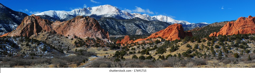 Panorama Of Pikes Peak Soaring Over The Garden Of The Gods Near Colorado Springs, Colorado In Winter