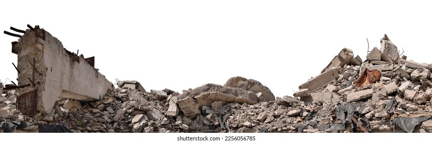 Panorama. A pile of concrete gray fragments of a destroyed building illuminated by the sun with a huge support beam in the foreground, isolated on a white background.