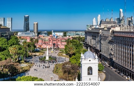 Panorama of Plaza de Mayo (May square) Buenos Aires - Aerial view of Casa Rosada (Pink House) - Government Palace of Argentina.