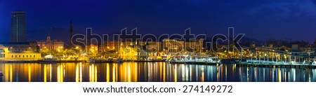 panorama of Port of Barcelona in night. Catalonia, Spain