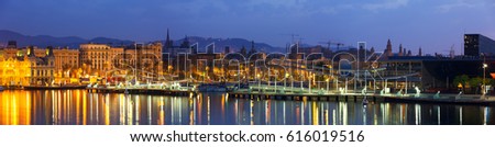 Panorama of Port Vell at Barcelona in dawn. Catalonia, Spain