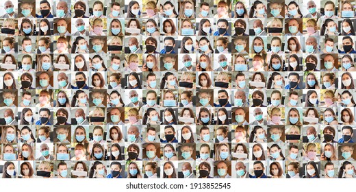 Panorama portrait collage of people with face masks in everyday life during Covid-19 pandemic