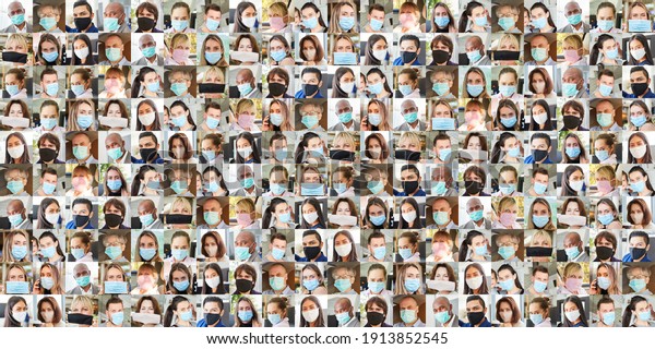 Panorama portrait collage of people\
with face masks in everyday life during Covid-19\
pandemic