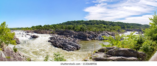 Panorama of Potomac River in Great Falls Park on a sunny day in summer in Virginia