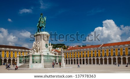 Panorama of Praca do Comercio and Statue of King Jose I in Lisbon, Portugal