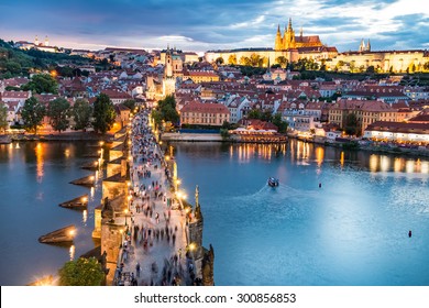 panorama of Prague with red roofs from above summer day at dusk, Czech Republic - Shutterstock ID 300856853