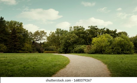 Panorama Of Public City Park With Footpath