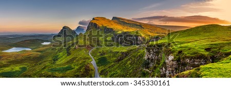 Panorama of  Quiraing mountains sunset at Isle of Skye, Scottish highlands, United Kingdom