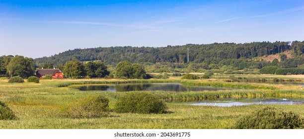 Panorama Of A Red Farmstead In The Landscape Near Hobro, Denmark