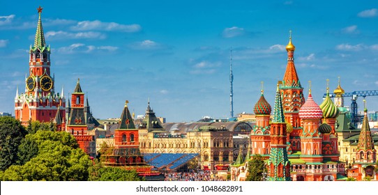 Panorama of Red Square with Moscow Kremlin and St Basil's Cathedral in summer, Moscow, Russia. It is best-known sights, landmarks of Moscow. Beautiful view of heart of sunny Moscow. Russia concept.