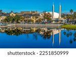 Panorama and reflections of buildings along the waterfront of Celebration Florida