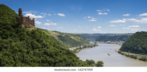 Panorama Of The Rhine River Valley With Castle Maus, Germany