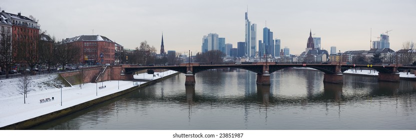 Panorama Of River Main In Frankfurt During Winter