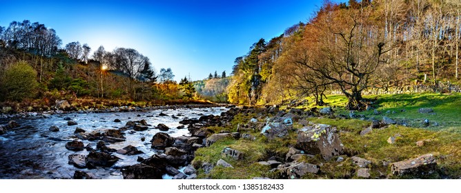 Panorama Of River Tees At Foot Of High Force Waterfall, Forest-in-Teesdale, North Pennines, Yorkshire, England, UK