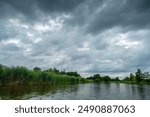 Panorama of the river in very cloudy weather, trees growing on the river banks