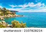 Panorama of Rocks on the coast of Lloret de Mar in a beautiful summer day, Costa Brava, Catalonia, Spain