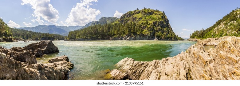 Panorama of rocks on the Katun river in Altai in summer