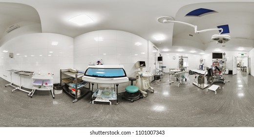 Panorama of the room for delivery in the maternity hospital for women. Interior of the 360 room in the maternity hospital with a lot of equipment for resuscitation and for the delivery of labor