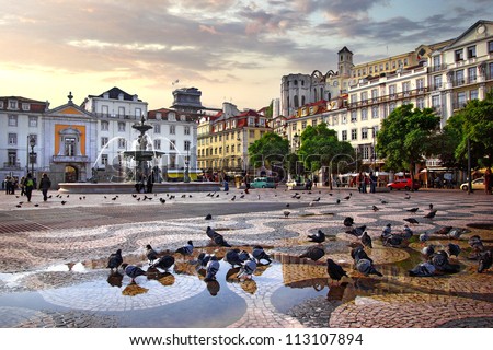 Panorama of Rossio Square in old downtown Lisbon, Portugal