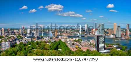 Panorama of Rotterdam city and the Erasmus bridge Erasmusbrug over Nieuwe Maas river from Euromast