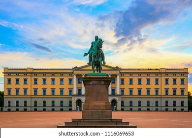 Panorama Of The Royal Palace And Statue Of King Karl Johan At Sunset, Oslo, Norway