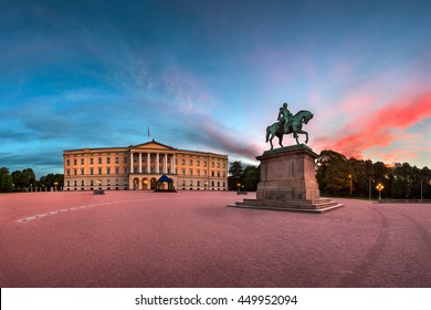 Panorama Of The Royal Palace And Statue Of King Karl Johan At Sunrise, Oslo, Norway