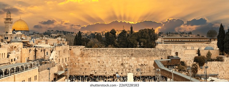 Panorama. Ruins of Western Wall of ancient Temple Mount is  a major Jewish sacred place and one of the most famous public domain places in the world, Jerusalem - Shutterstock ID 2269228183