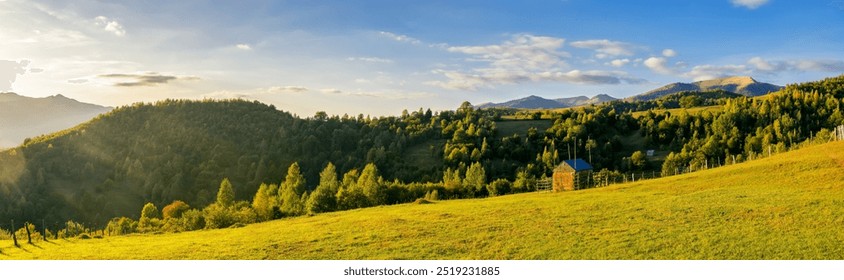 panorama of rural landscape in carpathian mountains in autumn. sunny day. grassy field and rolling hills. countryside scenery of ukraine. village in the distant valley - Powered by Shutterstock