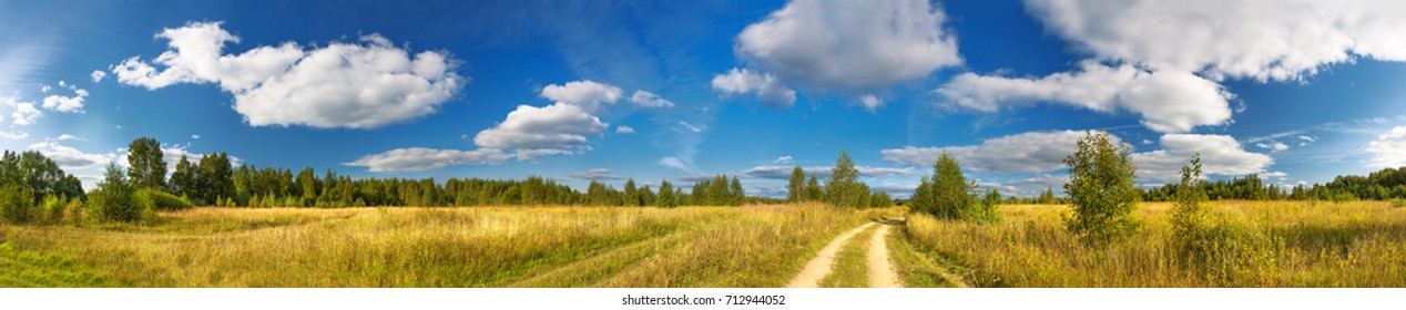 панорама сельский летний пейзаж с дороги, поля и леса. летний день, голубое небо с белыми облаками. сельская тропа. панорамный вид.