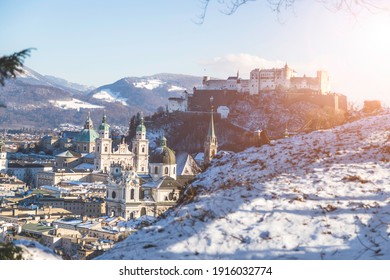 Panorama Of Salzburg In Winter: Snowy Historical Center